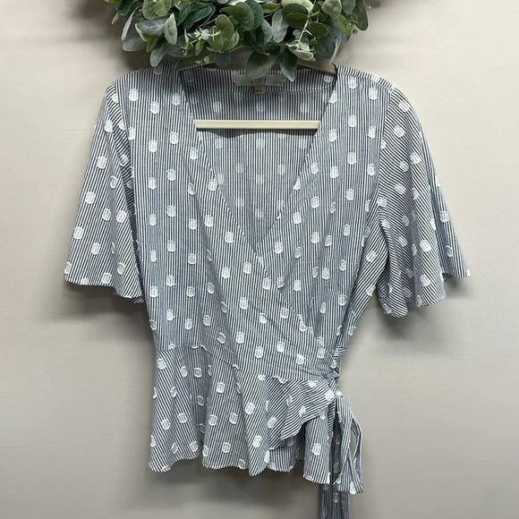 LOFT Blue White Striped Dot Flutter Sleeve Wrap Blouse LP - Picture 2 of 12